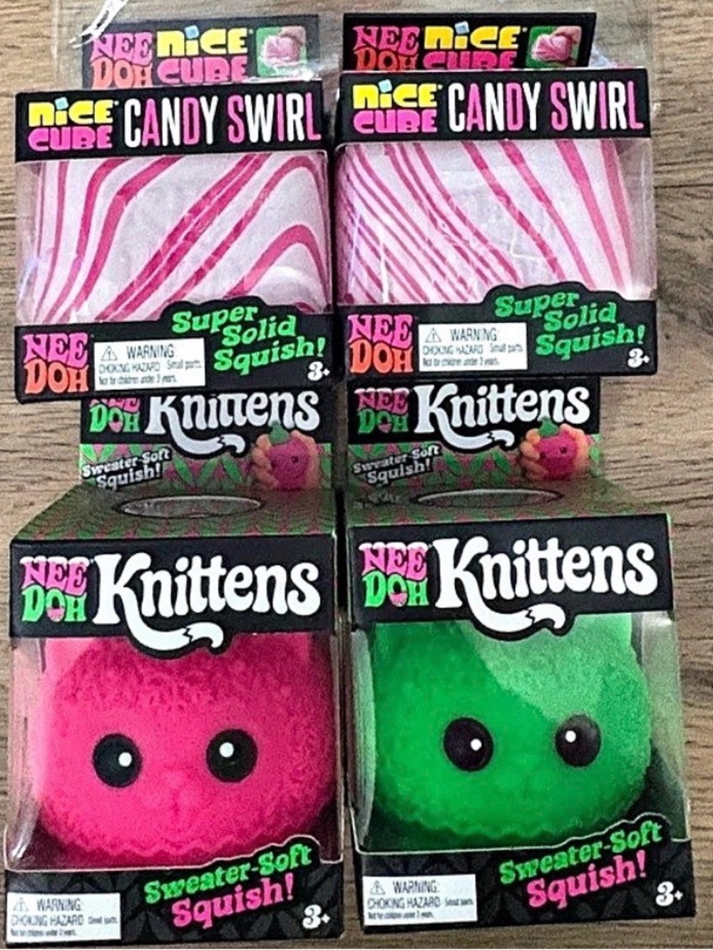 NeeDoh Knittens Squish Toy Set NWT Pink & Green 2 Candy swirl Needoh & 1 Mellows